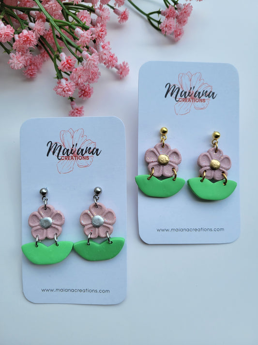 Glittery Pink & Green Flower Dangles